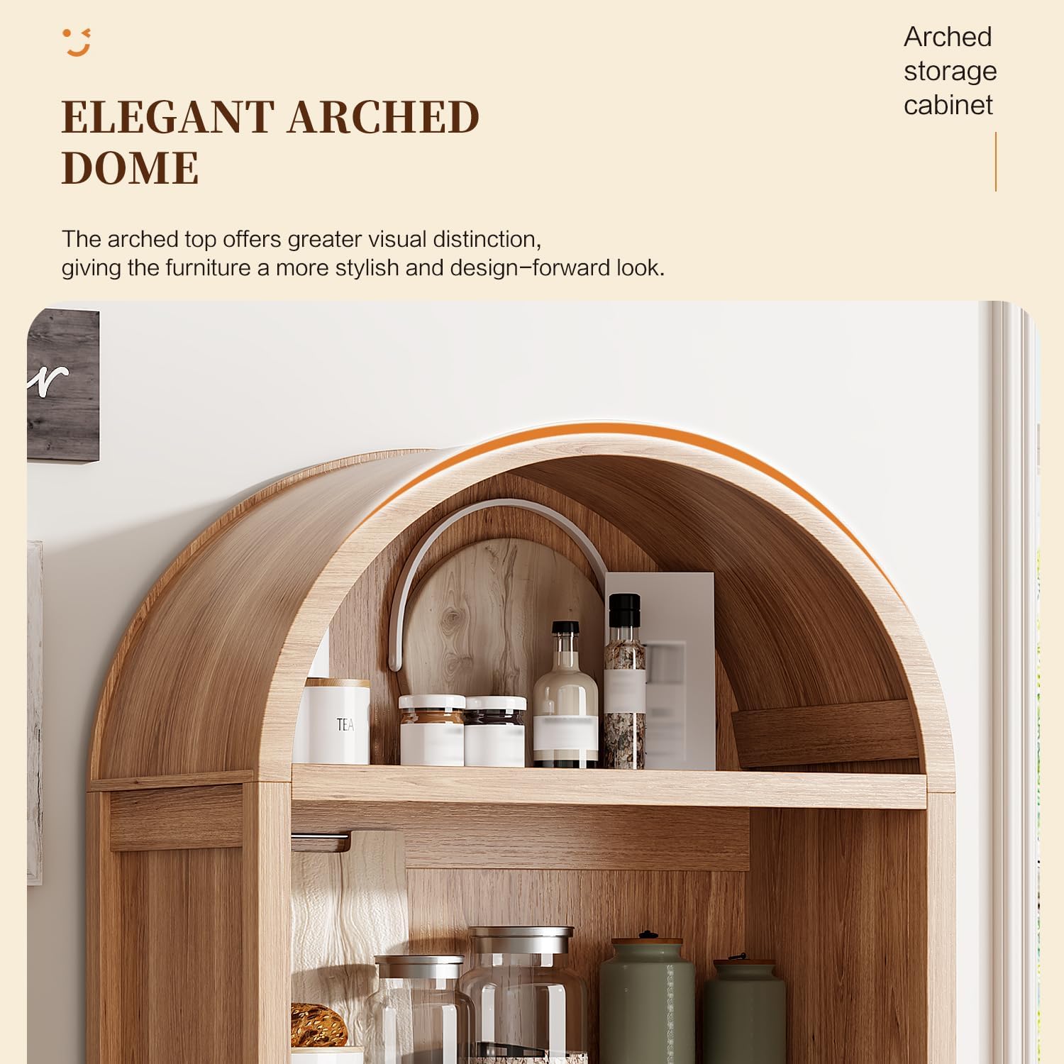 Ieejdn 71' Tall Arched Kitchen Pantry,Modern Fluted Wood Storage Cabinet with Doors,Adjustable Shelves,Organizer, Versatile Cupboard for Kitchen,Living Room,Dining Room,Bathroom,Wood
