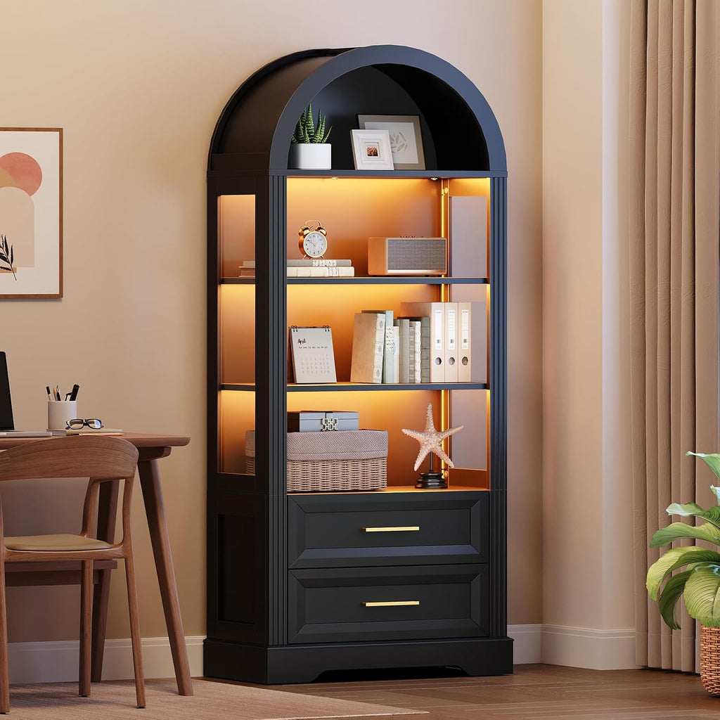 HOOBRO Tall Arched Bookshelf, Arch Bookcase with 2 Storage Drawers, Farmhouse Wooden Display Cabinet with Lights, Open Storage Book Shelf for Living Room, Home, Office, Black BK170DSJ01