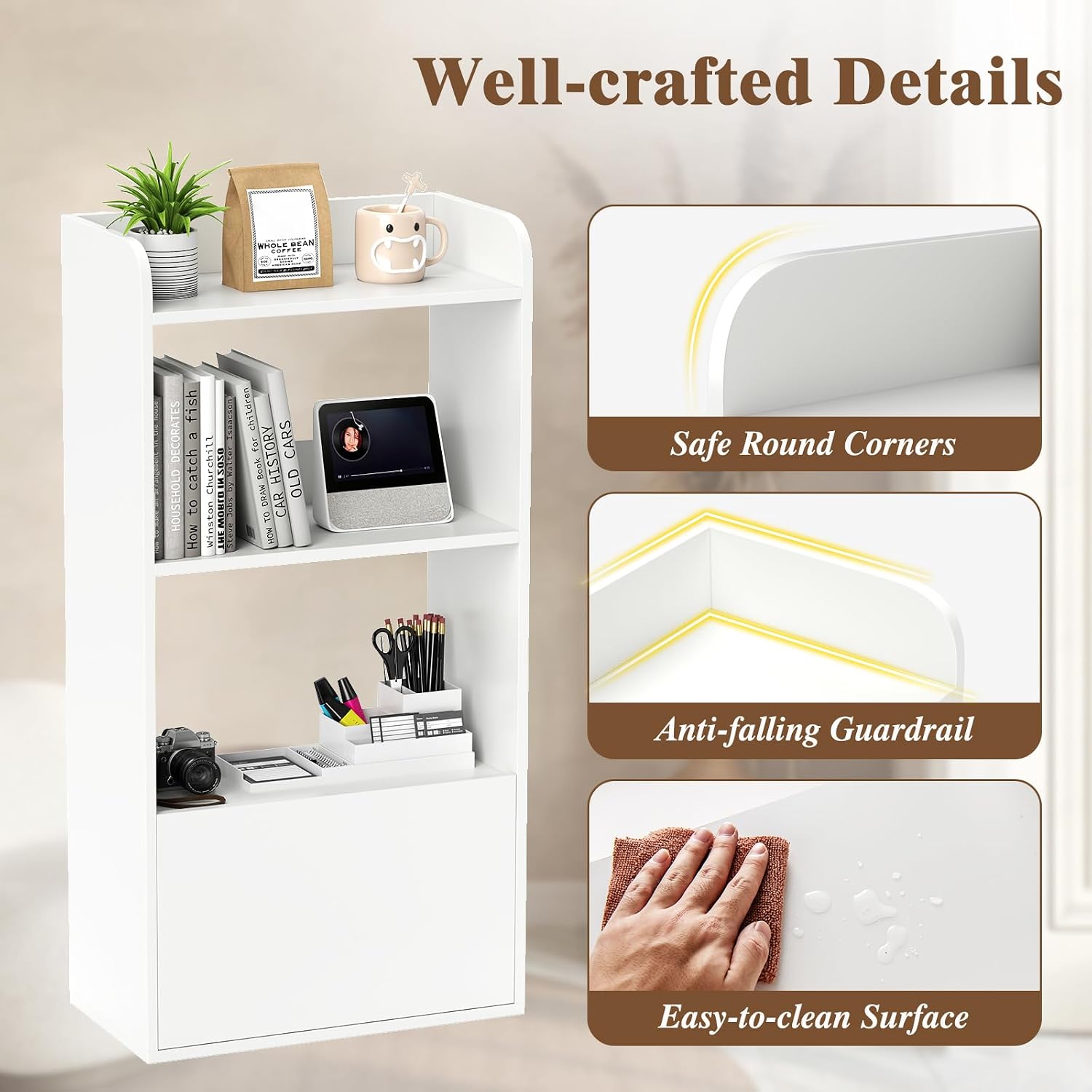 Giantex Bookshelf with Drawer Set of 2, 3-Tier 41.5' Tall Bookcase with Open Shelf, 2 Anti-Tipping Kits, Freestanding Storage Cabinet Display Shelf for Living Room, Bedroom, Office, White