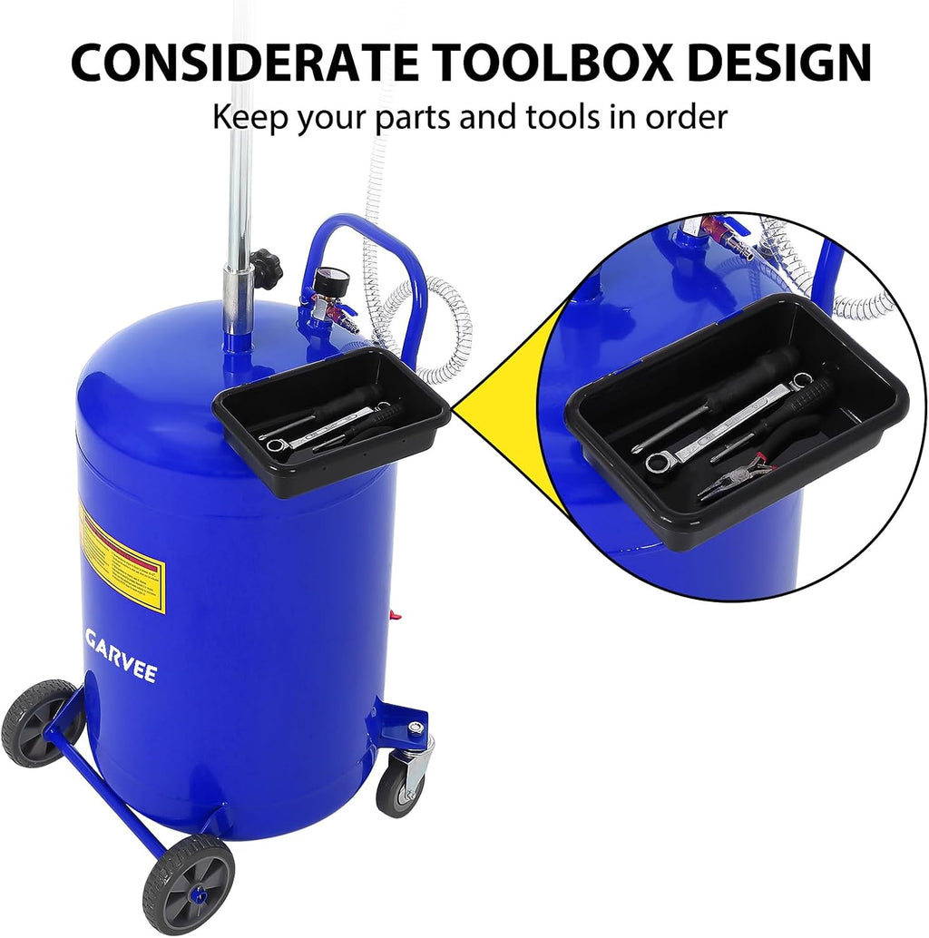 Garvee 20 Gallon Waste Oil Drain Tank, Portable Oil Drain Container, Air Operated Drainer, Fluid Fuel Transfer Drainage, Adjustable Funnel Height with Wheel &15'' Premium Bowl and a Toolbox