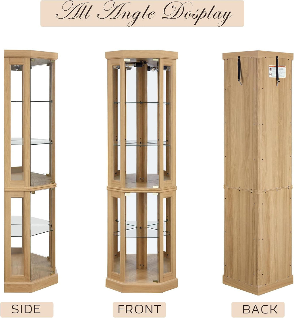70' Lighted Corner Curio Cabinet, Wood China Display Case with Tempered Glass Doors & Adjustable Shelves, Light Bulb Included, Tall Wine Storage Rack for Bar and Liquor Storage (Light Oak)