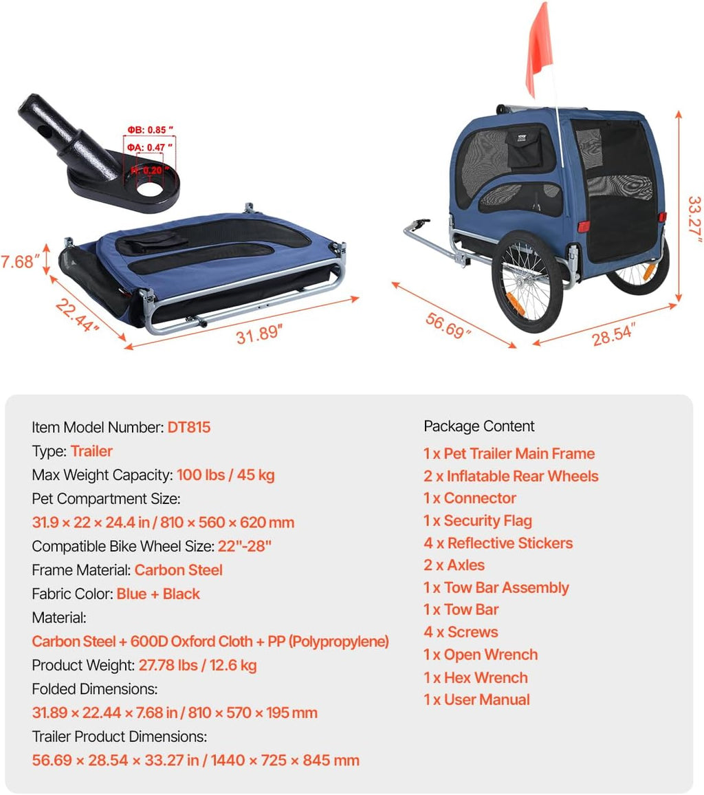 VEVOR Dog Bike Trailer, Supports up to 100 lbs, Pet Cart Bicycle Carrier, Easy Folding Frame with Quick Release Wheels, Universal Bicycle Coupler, Reflectors, Flag, Collapsible to Store