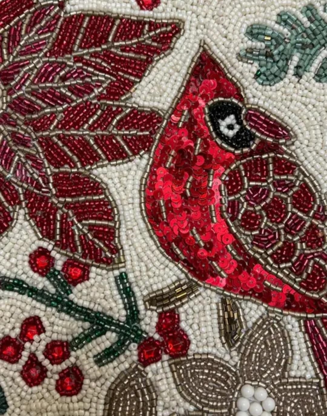 Beaded Table Runner, Red Poinsettia and Cardinal Design, Holiday Christmas Decor, Scalloped Edge
