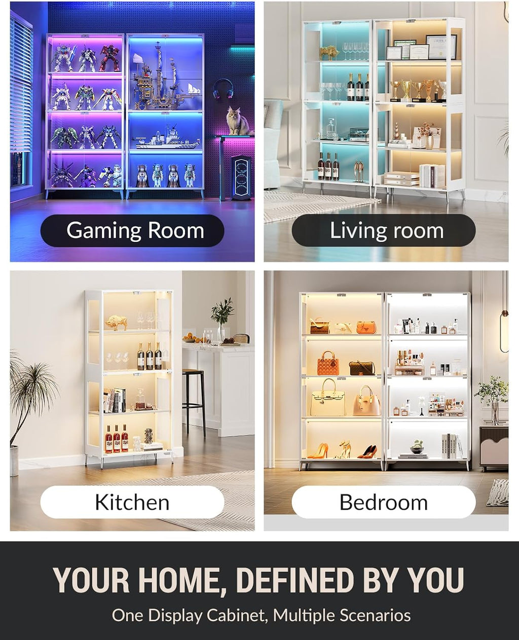 Glass Display Cabinet with Doors, 4-Tier Storage & Display Case with Adjustable Shelves, RGB LED Lights with APP & Remote Control, Metal Base Curio Cabinet for Collectibles & Living Room Furniture