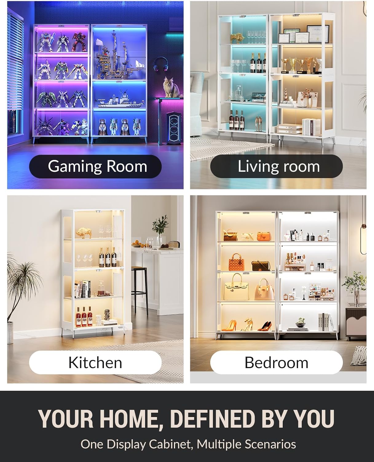 Glass Display Cabinet with Doors, 4-Tier Storage & Display Case with Adjustable Shelves, RGB LED Lights with APP & Remote Control, Metal Base Curio Cabinet for Collectibles & Living Room Furniture
