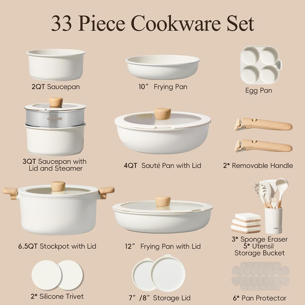 CAROTE 33pcs Pots and Pans Non Stick, Cookware Sets Detachable Handle, Induction Kitchen Pots and Pans, NonStick Cooking Set, Oven/Dishwasher/Fridge Safe, Space Saving