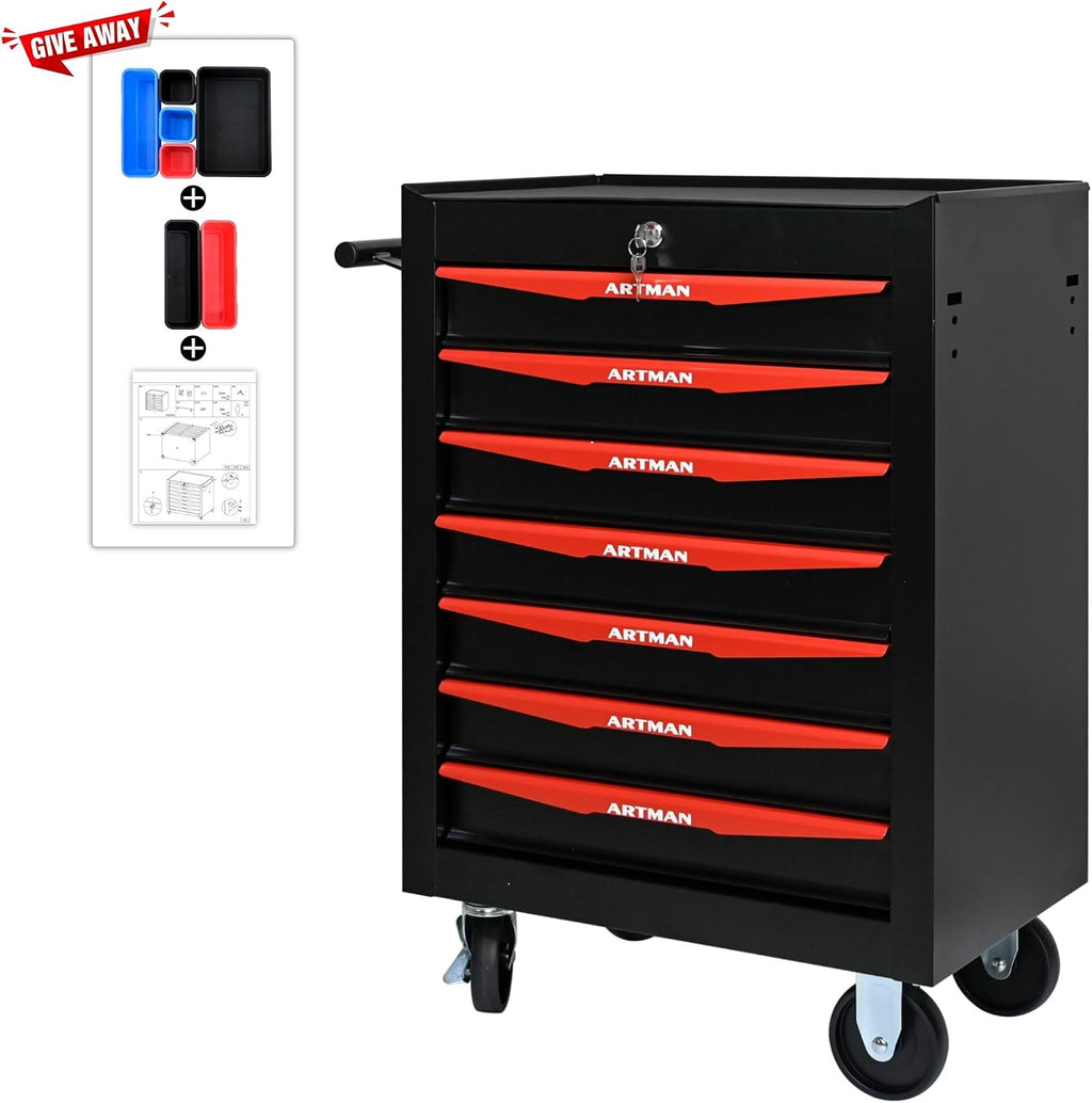 Rolling Tool Chest Cart with 7 Drawers,Storage Tool Cabinet on 4 Wheels. Lockable Tool Cart with Drawer Liners.Steel Tool Box Organizer for Garage,Repair Workshop