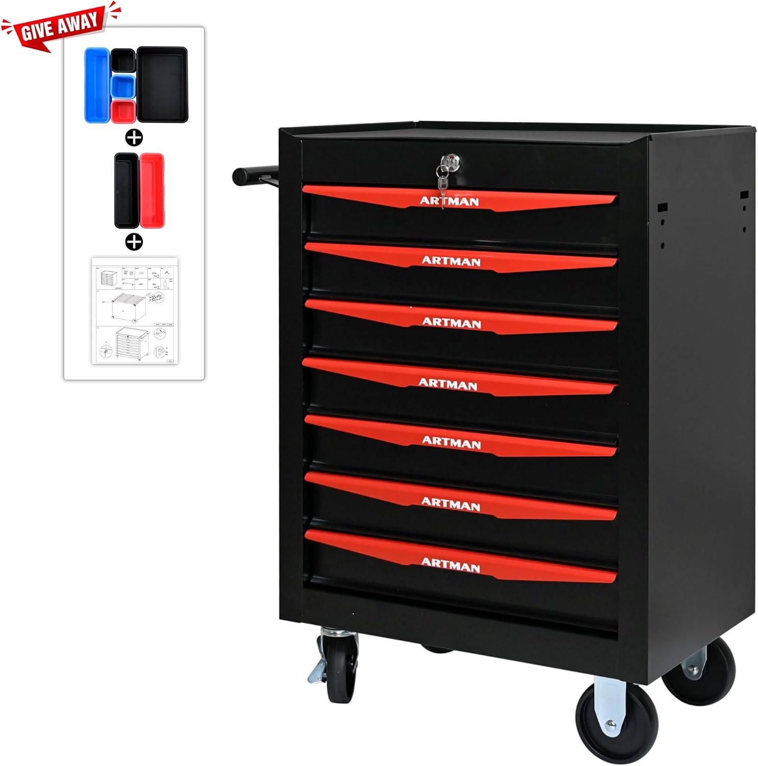 Rolling Tool Chest Cart with 7 Drawers,Storage Tool Cabinet on 4 Wheels. Lockable Tool Cart with Drawer Liners.Steel Tool Box Organizer for Garage,Repair Workshop