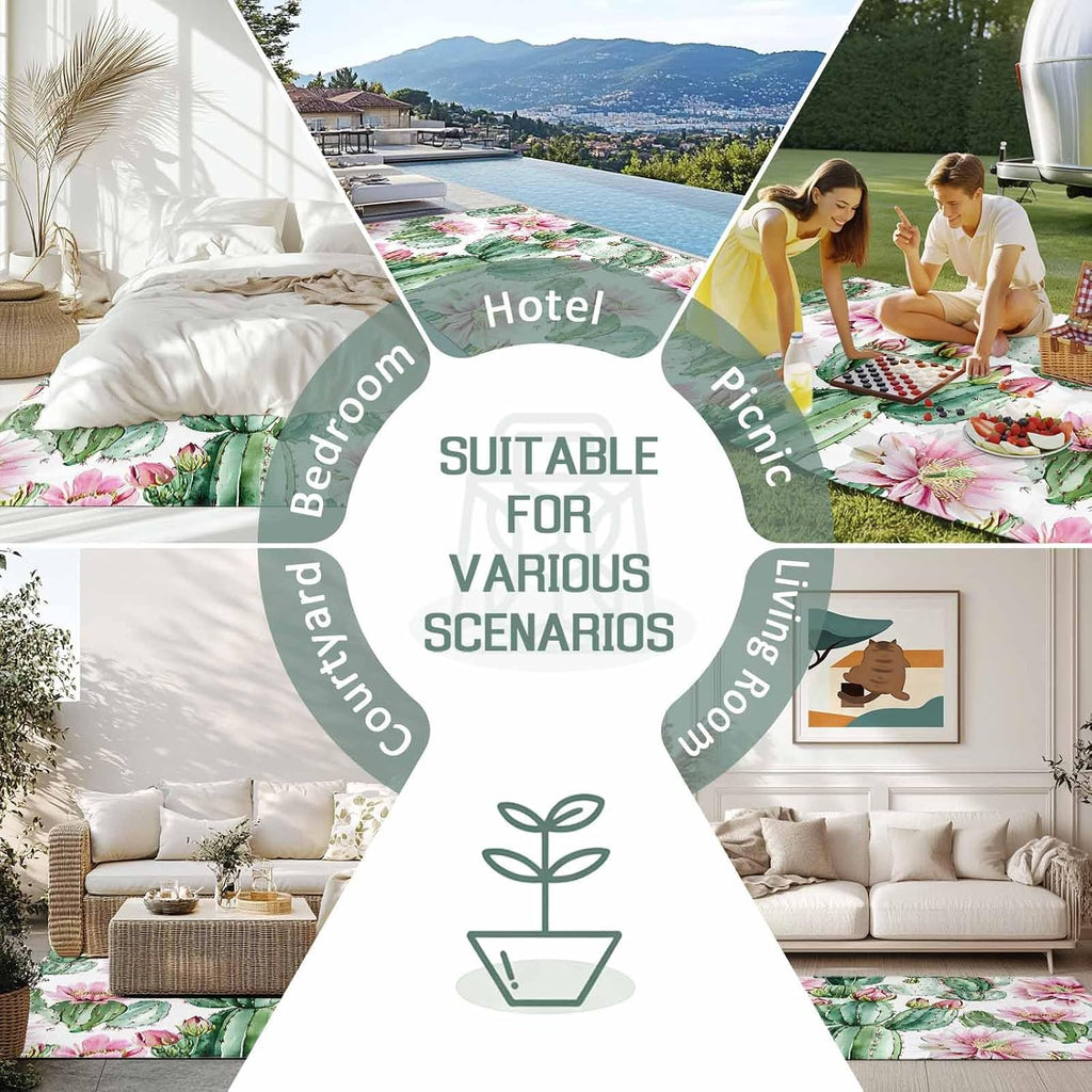 Outdoor Rug 4x6ft Watercolor Pink Flower Green Cactus Patio Area Rugs Waterproof Easy Cleaning Non Shedding Thick Mats Tropical Carpet for Indoor Outdoor Porch Deck Backyard Balcony