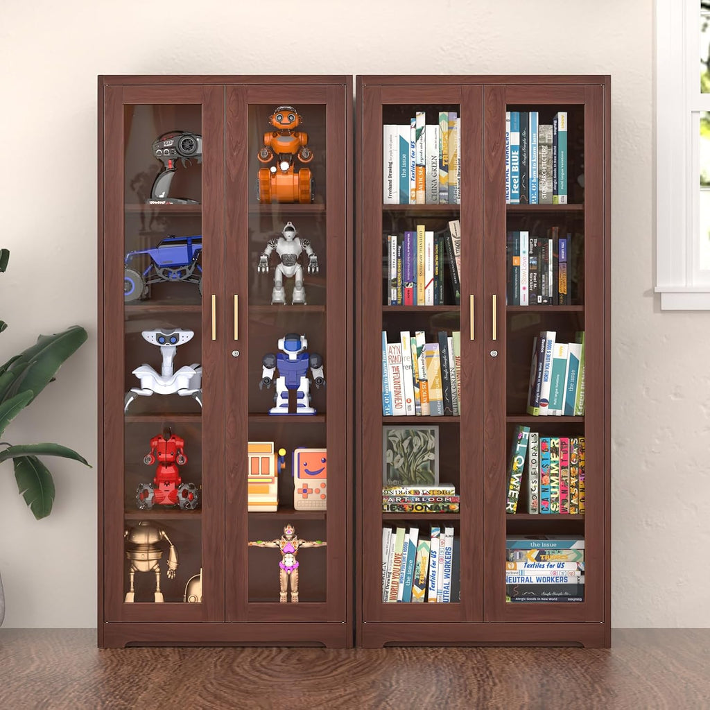 SteeLoong 71' Glass Display Cabinet with Lock,Curio Cabinet with Glass Doors, Metal Display Case with 4 Adjustable Shelves, Brown Bookcase Locking Storage Cabinets for Living Room, Kitchen，Commercial