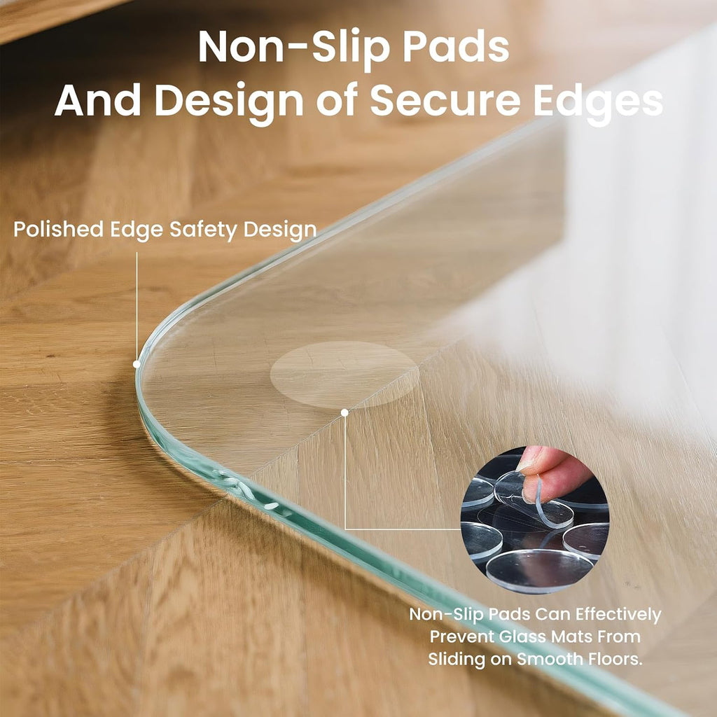 Tempered Glass Chair Mat, 55' x 46' Glass Office Chair Mat, 1/5' Thick Clear Floor Mat with Anti-Slip Pads, Heavy Duty Glass Mat for Carpeted and Hard Floor