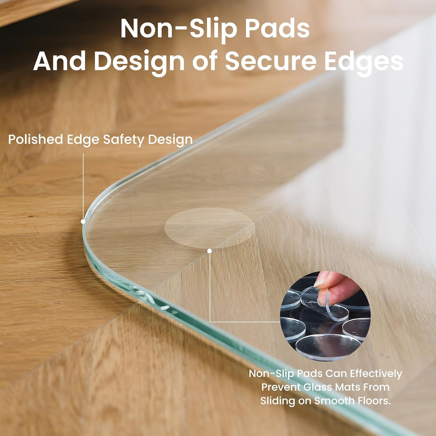 Tempered Glass Chair Mat, 55' x 46' Glass Office Chair Mat, 1/5' Thick Clear Floor Mat with Anti-Slip Pads, Heavy Duty Glass Mat for Carpeted and Hard Floor