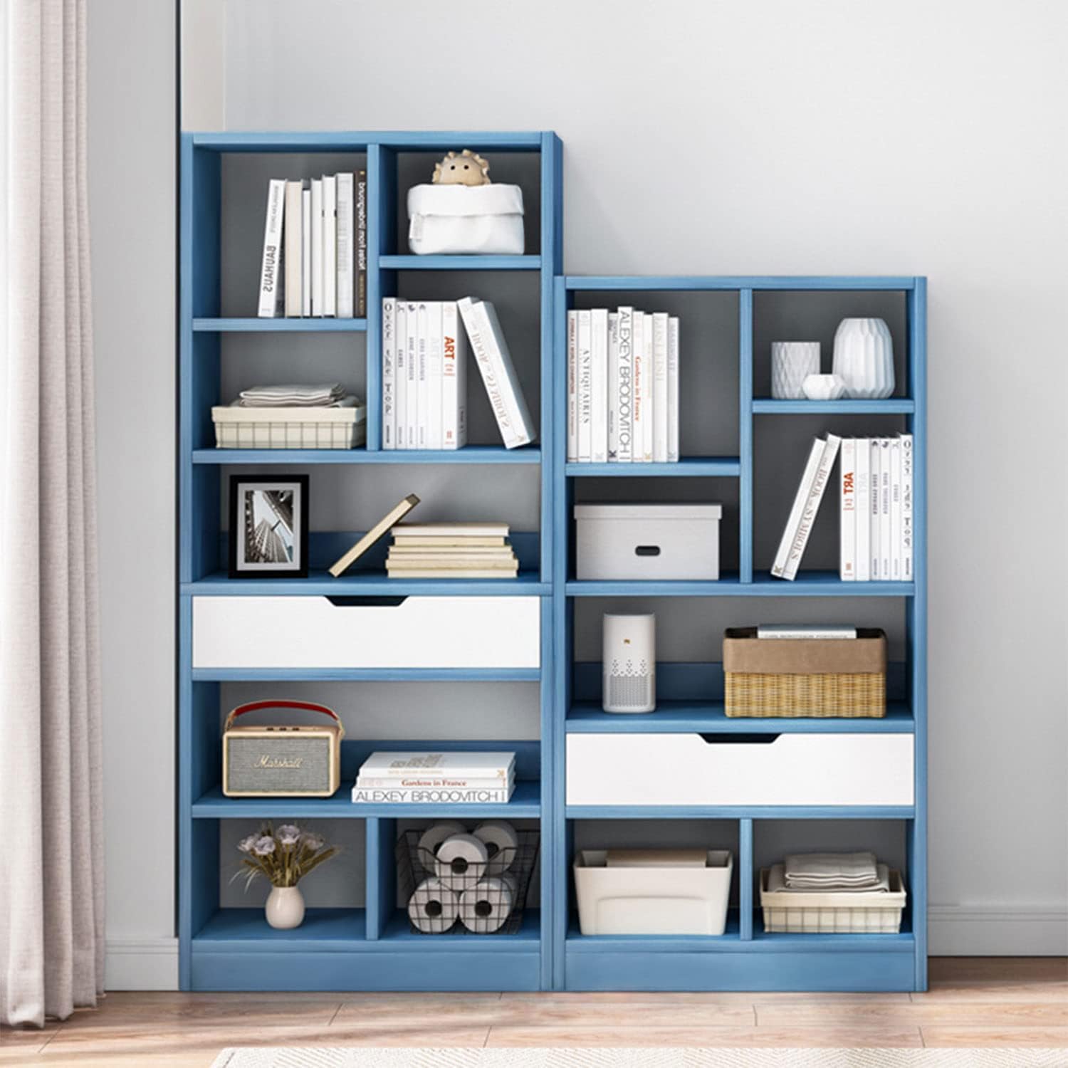 IOTXY Wooden Open Shelf Bookcase - 51' Height Freestanding Display Storage Cabinet Organizer with 7 Cubes and a Drawer, Floor Standing Bookshelf, Blue