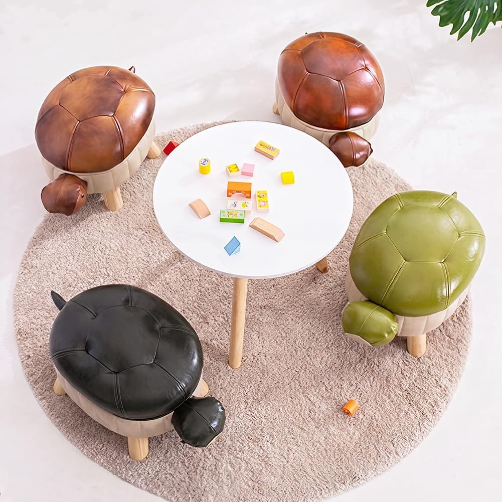 Animal Footstool Turtle Upholstered Ottoman PU Leather Pouf Wood Foot Stool Rest for Living Room Bedroom Sofa Bench Seat Chair, Reddish Brown, Large