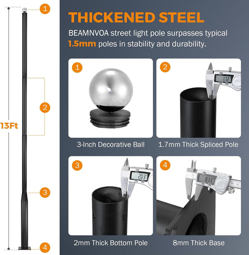 BEAMNOVA 13FT Street Light Pole, Black Street Lamp Post, for Outdoor Lights, Solar Street Light, String Lights, Accessory for Backyard, Patio, Park, Galvanized Steel Metal Pole