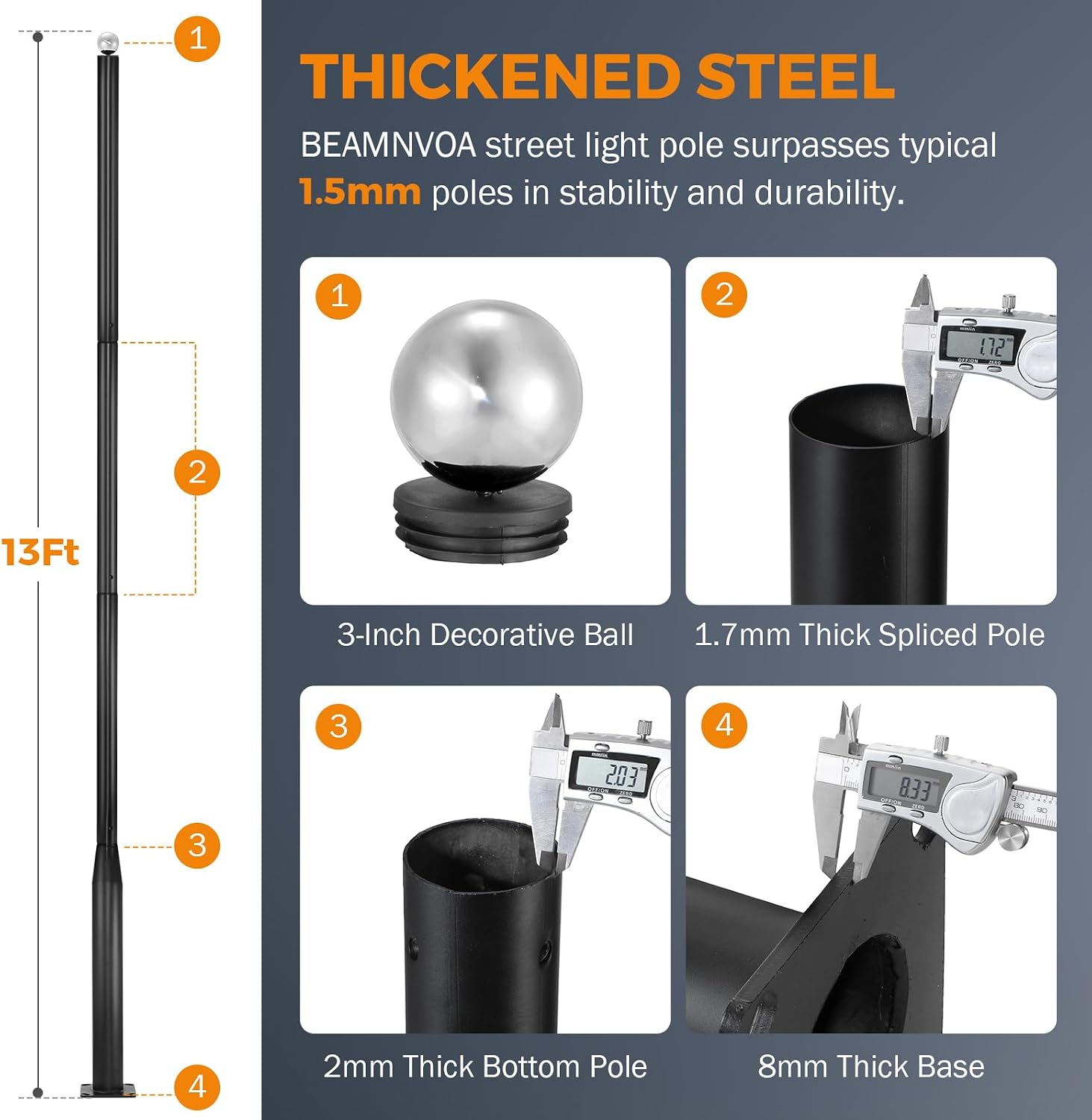BEAMNOVA 13FT Street Light Pole, Black Street Lamp Post, for Outdoor Lights, Solar Street Light, String Lights, Accessory for Backyard, Patio, Park, Galvanized Steel Metal Pole