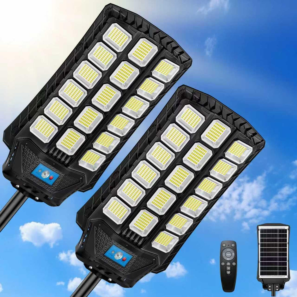 14000W Solar Street Lights Outdoor Waterproof, 2 Pack Large Solar Powered LED Flood Light Outside, Heavy Duty Parking Lot Light Dusk to Dawn, Motion Sensor, Pole or Wall Mount, Remote Control