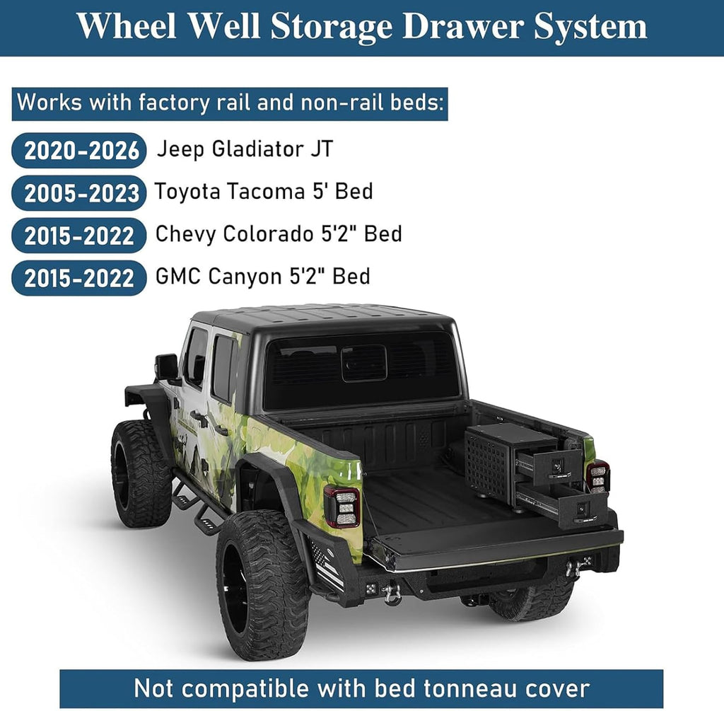 u-Box Truck Bed Tool Box Storage Drawer for Jeep Gladiator JT, Toyota Tacoma, Chevy Colorado & GMC Canyon 5'2' Bed, Lockable Weatherproof Toolbox w/Dual Drawers & MOLLE Panel, Easy Bolt-On Install