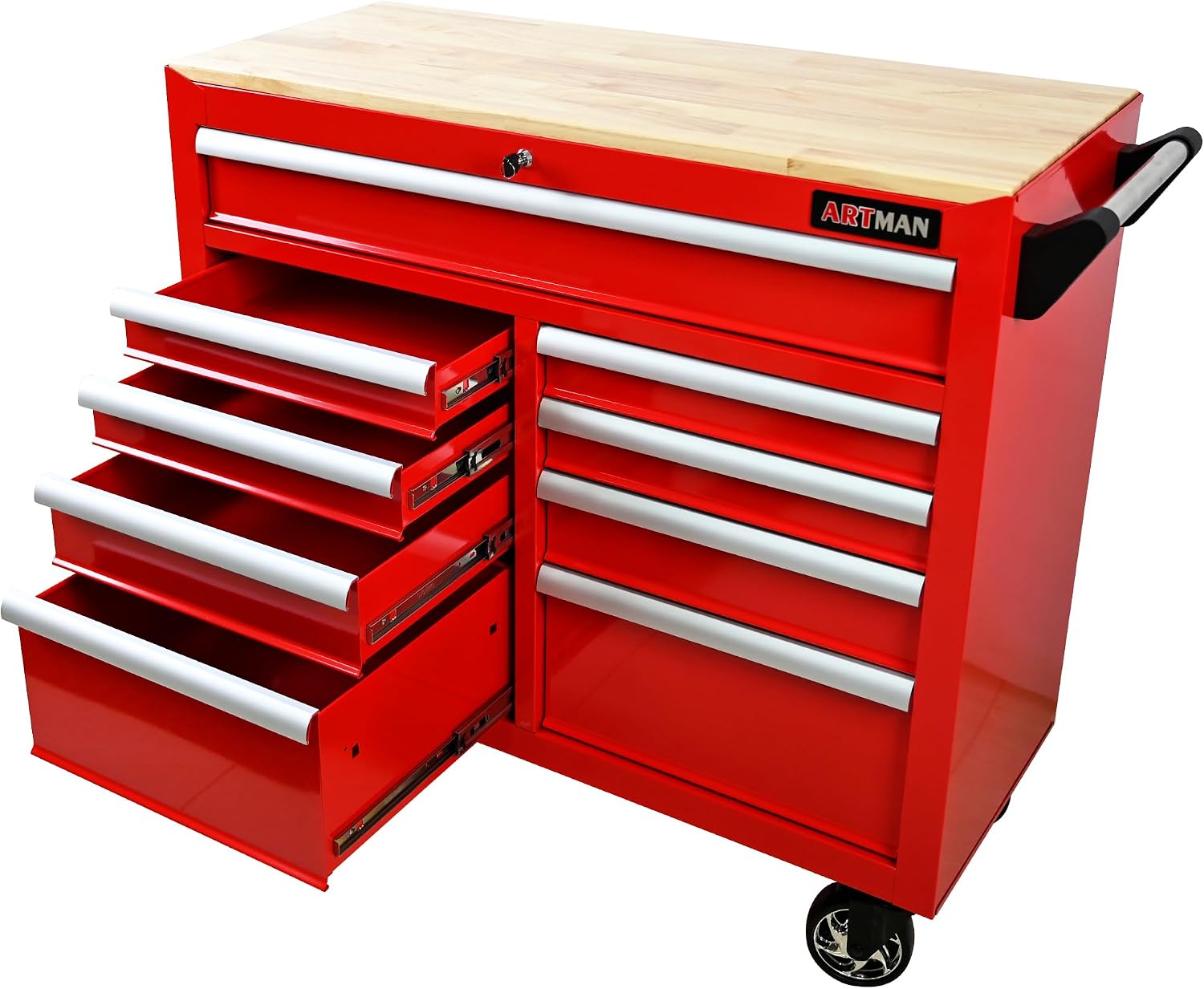 Large Tool Chest with Wheels, Rolling Toolbox with 9 Drawers, Metal Storage Tool Cart with 42'' Wood Top and Side Handle for Garage, Shop (Bonus Drawer Liners) — Red