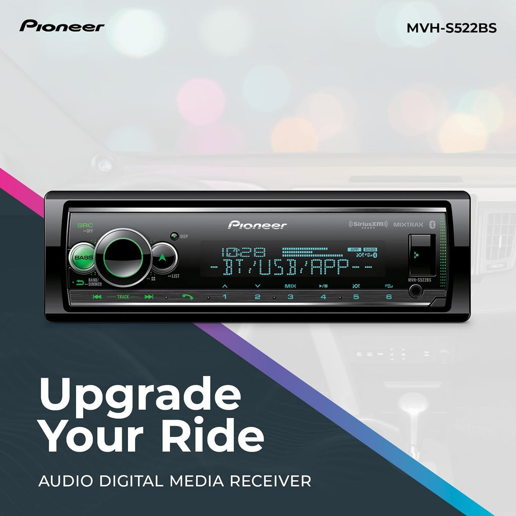 Pioneer MVH-S522BS 1-Din Digital Media Receiver – Bluetooth, SiriusXM, Color Change, USB, FLAC, Voice Control, 50W x 4 Output, 13-Band EQ, AM/FM Radio, iPhone/Android Compatible, Hi-Volt RCA Preouts