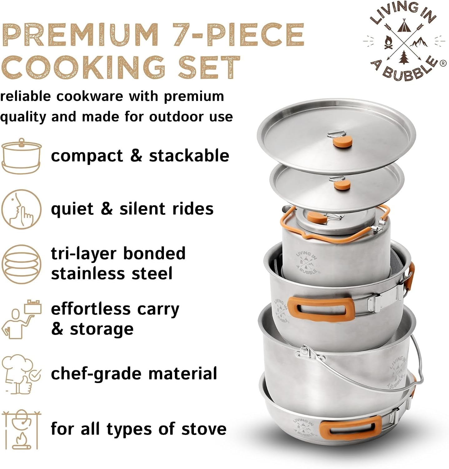 Living in a Bubble Premium 7-Piece Stainless Steel Cooking Set. Tri-layer Bonded Stainless-Steel - Ergonomic Handles with Silicone Sleeve - Compact & Stackable