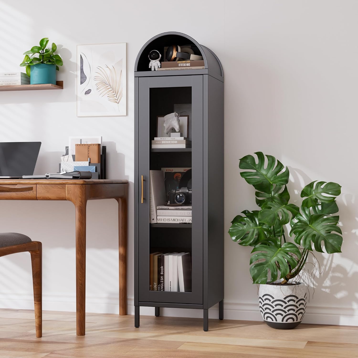 Aobabo 63'H Metal Arched Display Cabinet with Glass Door,Arched Bokcase with 2 Adjustable Shelves for Home Office,Assembly Required, Black