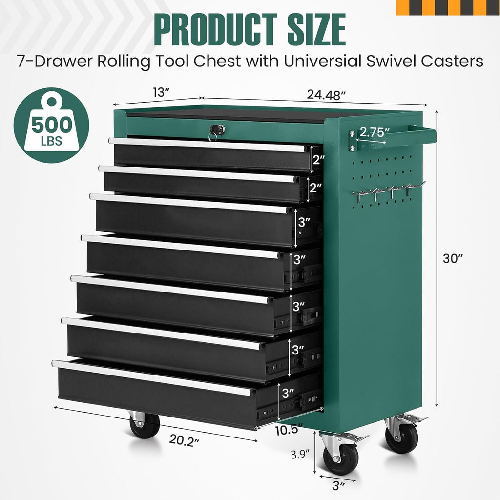 7-Drawer Rolling Tool Chest with Wheels,Tool Cabinet on Wheels with Keyed Locking,Multifunctional Tool Cart on Wheels,Tool Storage Organizer Cabinets for Garage,Warehouse, Repair Shop (Black Green)