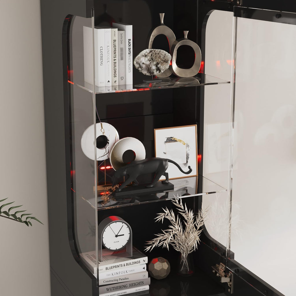 Glass Display Cabinet with 3 Color Lights for Collectibles, High Gloss Curio Cabinets with Glass Door & Adjustable Shelf, 15.7' W Slim Bookcases for Small Spaces, Living Room, Black