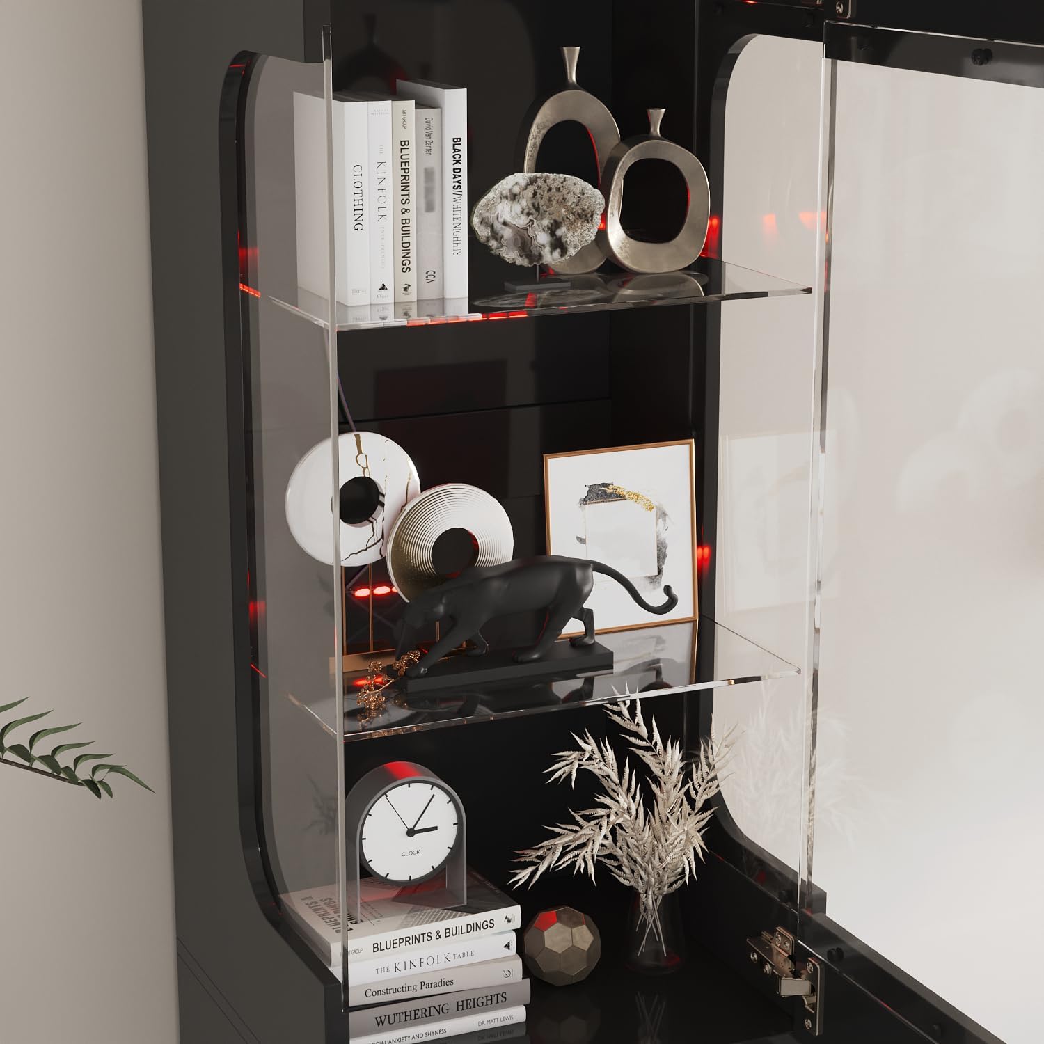 Glass Display Cabinet with 3 Color Lights for Collectibles, High Gloss Curio Cabinets with Glass Door & Adjustable Shelf, 15.7' W Slim Bookcases for Small Spaces, Living Room, Black