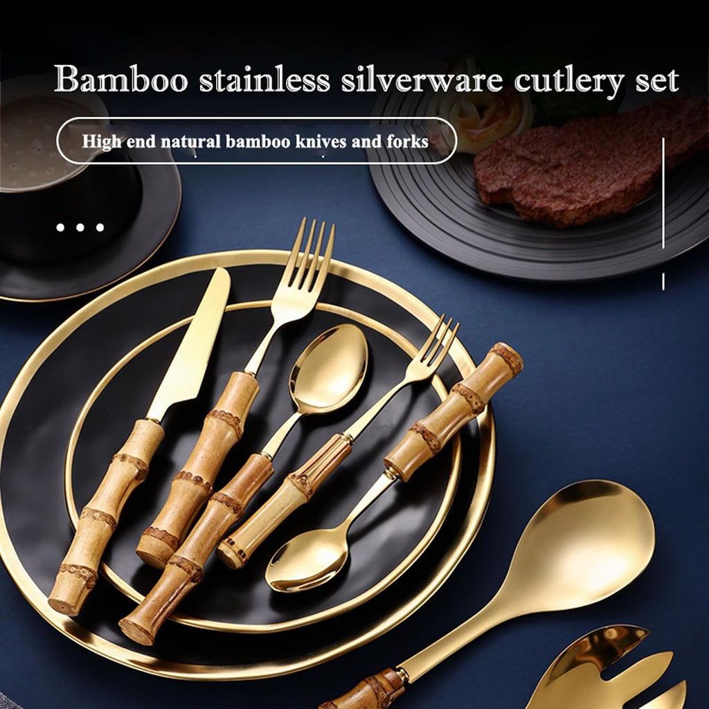 30-Piece Bamboo Flatware Set – Forks & Spoons Bamboo handle Cutlery Utensils set for home and kitchen, 18/8 Stainless Steel Gold Silverware set,Gift for mom Choice