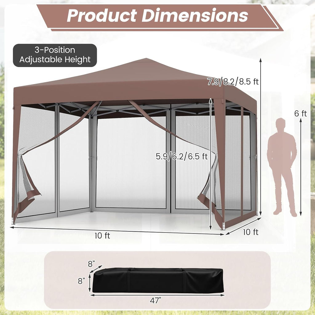 Tangkula 10x10 Ft Pop Up Canopy with Netting, Easy Up Outdoor Tent with Mesh Sidewalls, Carrying Bag, Adjustable Height, Portable Canopy Tent for Parties Events Camping Travel