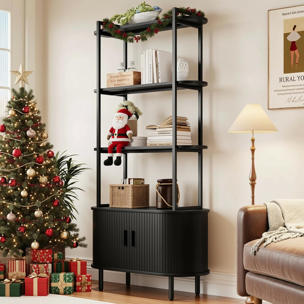 5 Tier Tall Bookshelf with Cabinet, Fluted Bookcase with Sliding Door, Metal and Wood Display Shelf, Free Standing Storage Shelving Unit, Corner Storage Organizer for Living Room, Home Office, Black