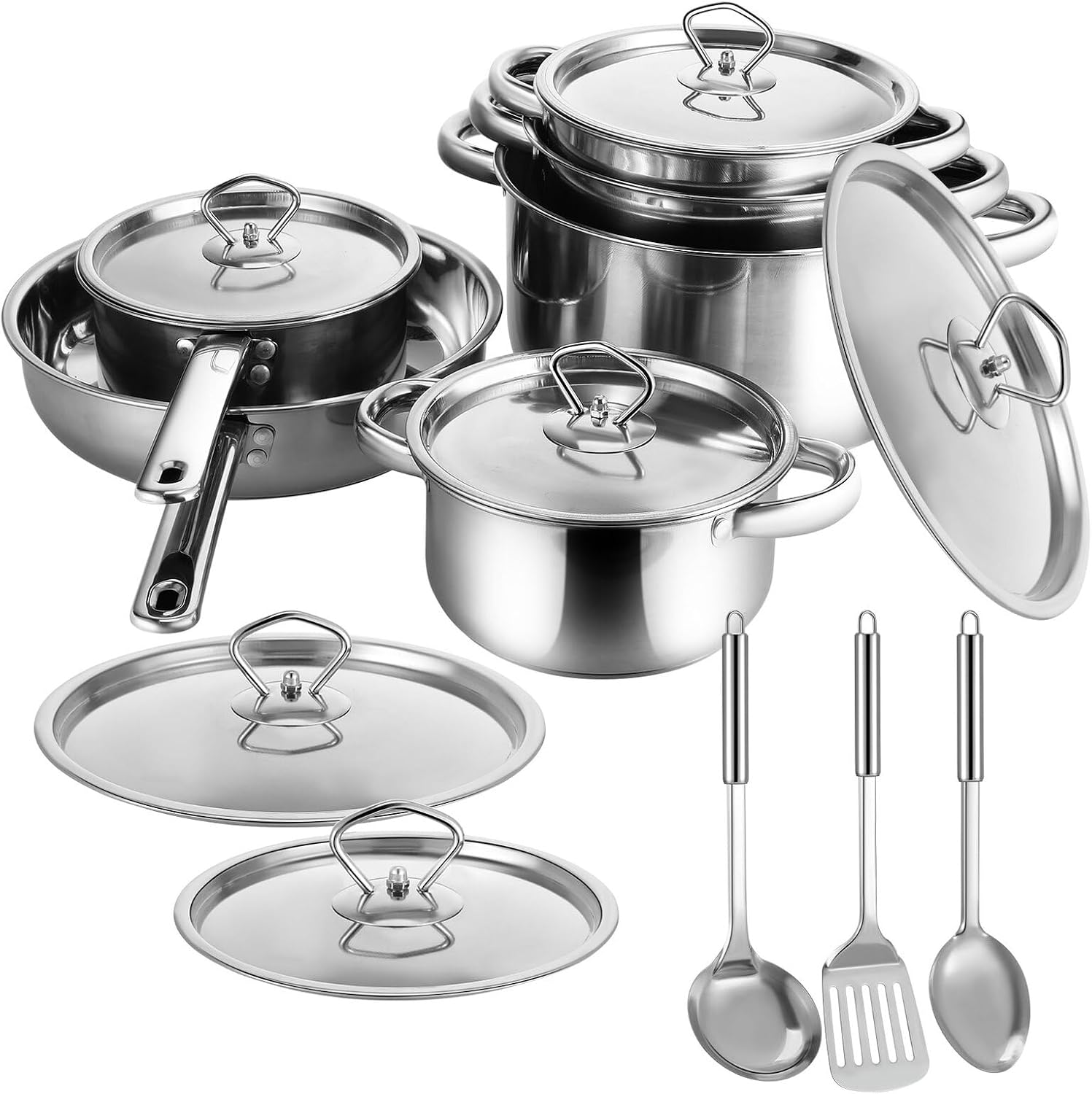 KALLORY 15pcs Stainless Steel Cookware Set with Composite Bottom, Induction Compatible Pots and Pans, Includes Lids and Cooking Utensils for Gas, Electric Stoves and Kitchen Use
