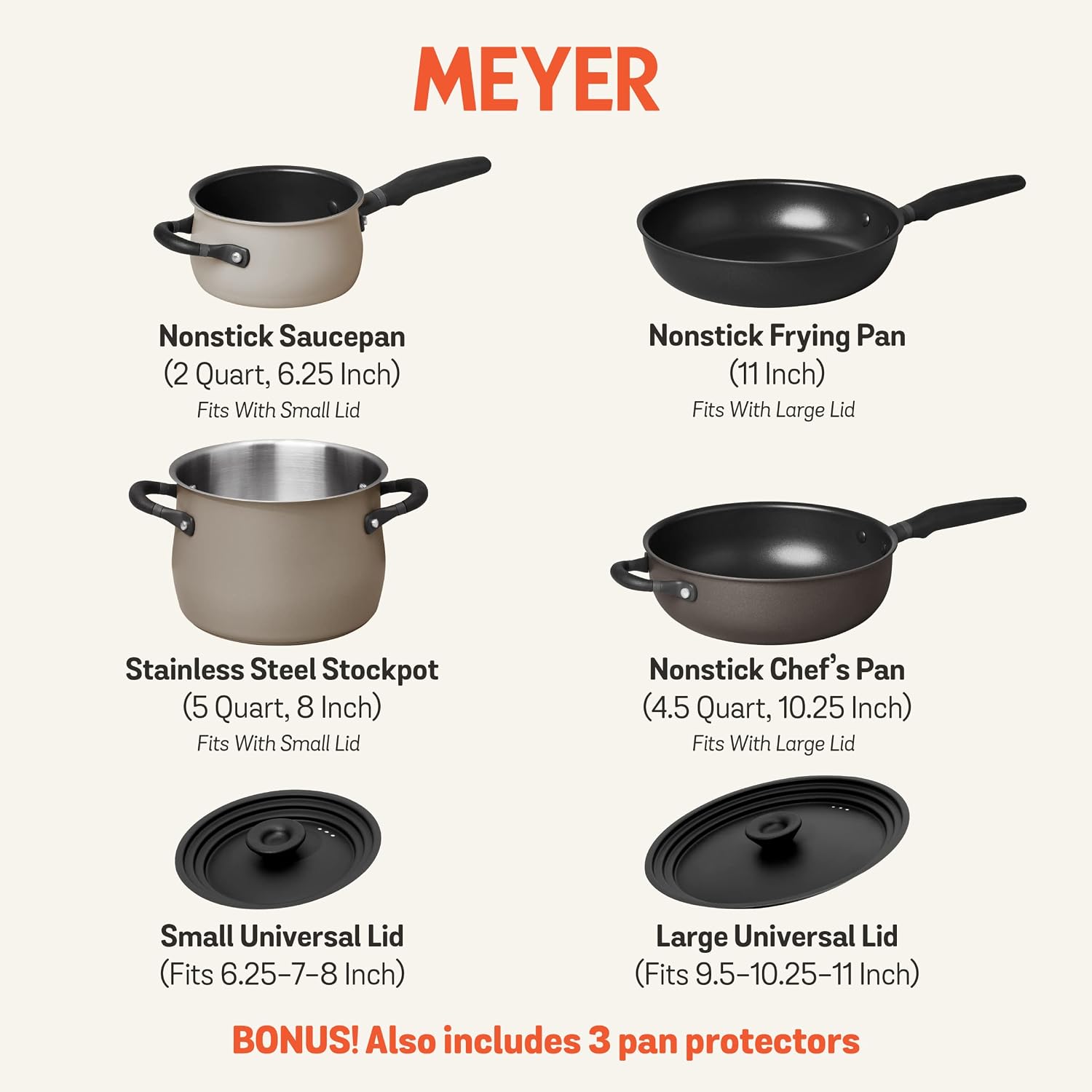 Meyer 6pc Stackable Set with Universal Lids | Hard Anodized Non Stick and Stainless Steel Pots and Pans | Induction Compatible | Dishwasher Safe | Oven Safe | Black & Gray | Accent Series Cookware