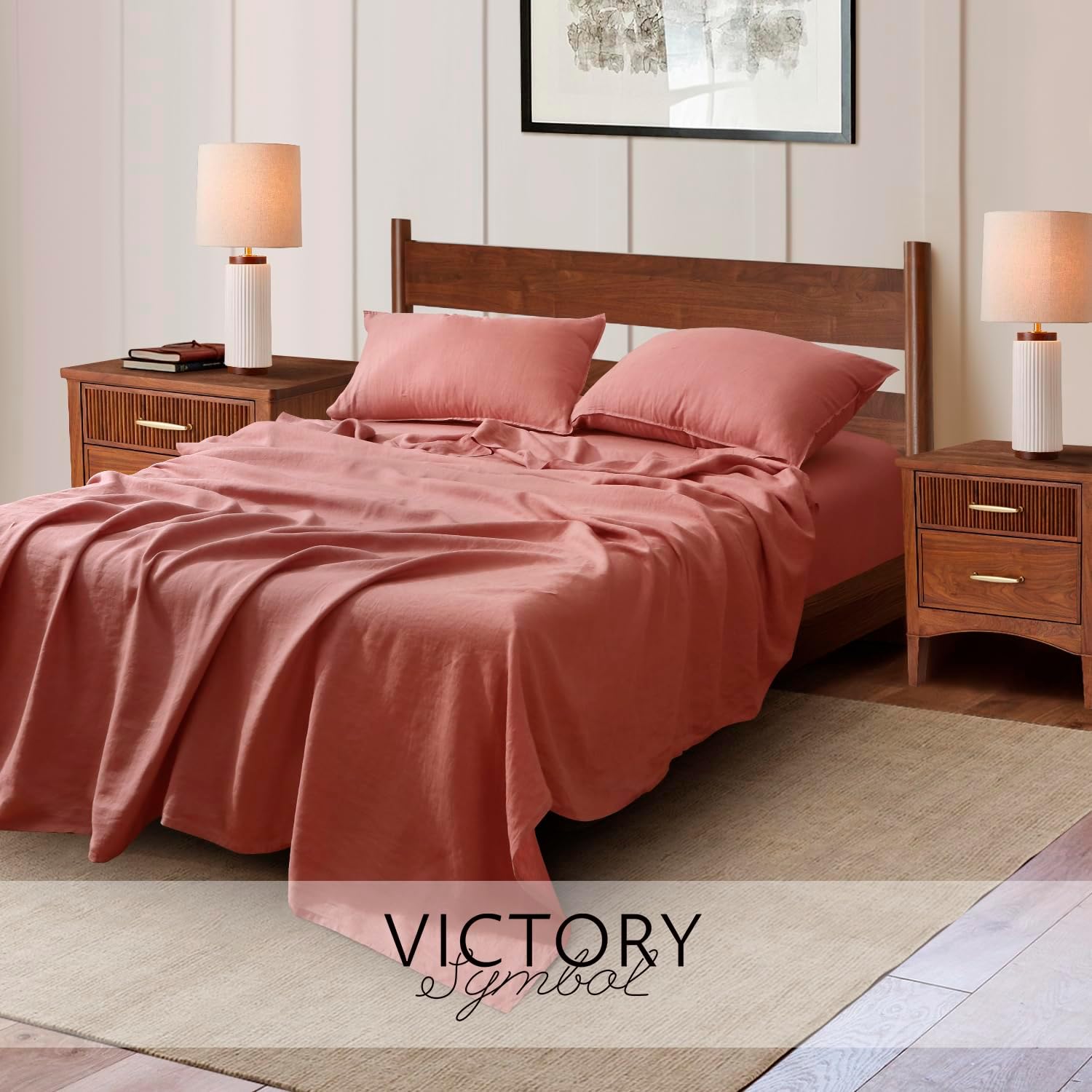 S VICTORY SYMBOL 100% Organic Linen Sheets Set Queen Size,Washed French Flax Bed Sheets 4Pcs(2 Pillowcases,1 Fitted Sheet,1 Flat Sheet) Clay