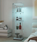 Modern Glass Display Cabinet 4-Shelf with LED Light, Lock and Wheels, 1 Door Curio Cabinets, Tempered Glass Collection Display Showcase for Living Room Home Office,15.6x13.5x65 H,White
