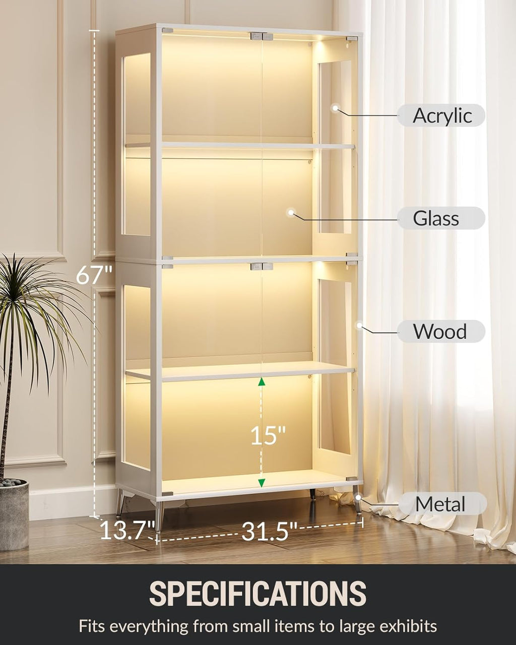 Glass Display Cabinet with Doors, 4-Tier Storage & Display Case with Adjustable Shelves, RGB LED Lights with APP & Remote Control, Metal Base Curio Cabinet for Collectibles & Living Room Furniture