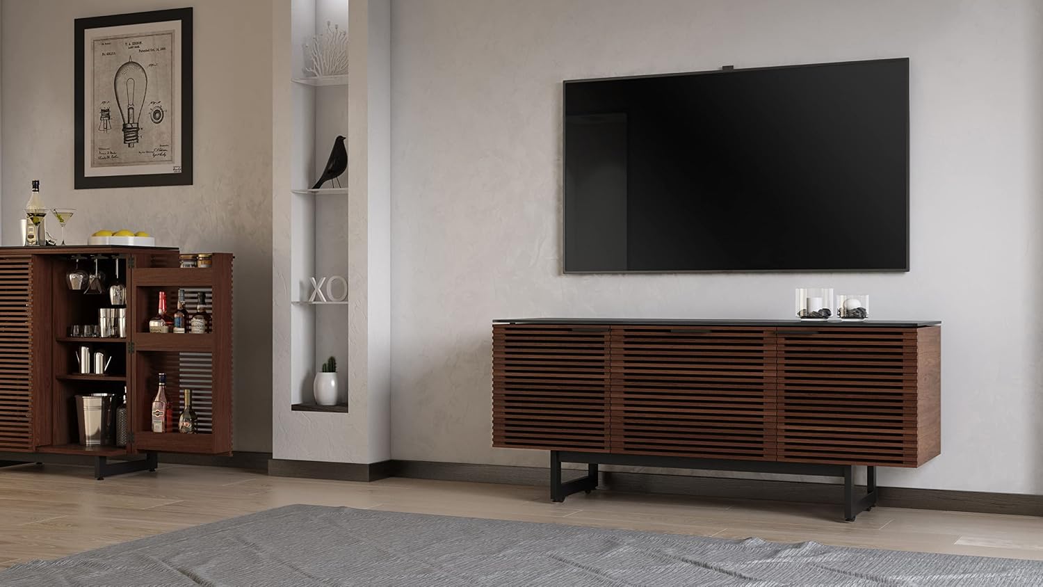 BDI Furniture Corridor 8177-65'' TV Stand for TVs up to 70' with Soundbar Shelf, Storage Drawer, Cable Management, Remote-Friendly Louver Doors, Satin-Etched Glass Top, Chocolate Stained Walnut