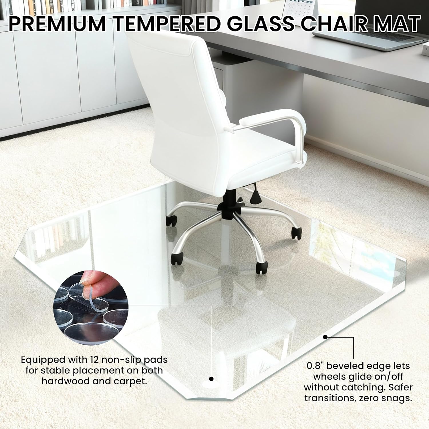 Tempered Glass Chair Mat with Patented Beveled Edge, 46'x55' 1/5' Thick Office Floor Mat for Carpet & Hardwood, w/ 12 Anti-Slip Pads