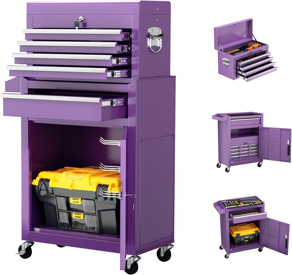 Incbruce Metal Rolling Tool Chest with 5 Drawers, 2 in 1 Detachable Garage Tool Box for Warehouse and Workshop (Purple)