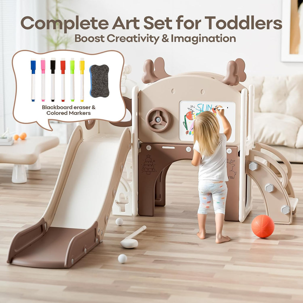Mloong Toddler Slide for Kids - 11 in 1 Kids Slide for Toddlers Baby 1-3 Years Old, Indoor and Outdoor with Basketball Hoop Golf Drawing Set, Easy Assembly Elk Theme(Beige & Rosy Brown)(54×62×39in)
