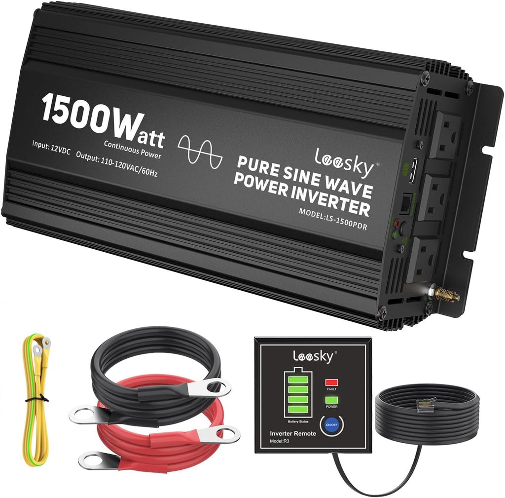 1500W Pure Sine Wave Power Inverter 12V DC to 110V 120V AC with UL Listed Fuses Compatible with Lithium Battery Starlink for Car Off-Grid Solar Home RV Truck with 15FT Battery Monitor Remote by LEESKY