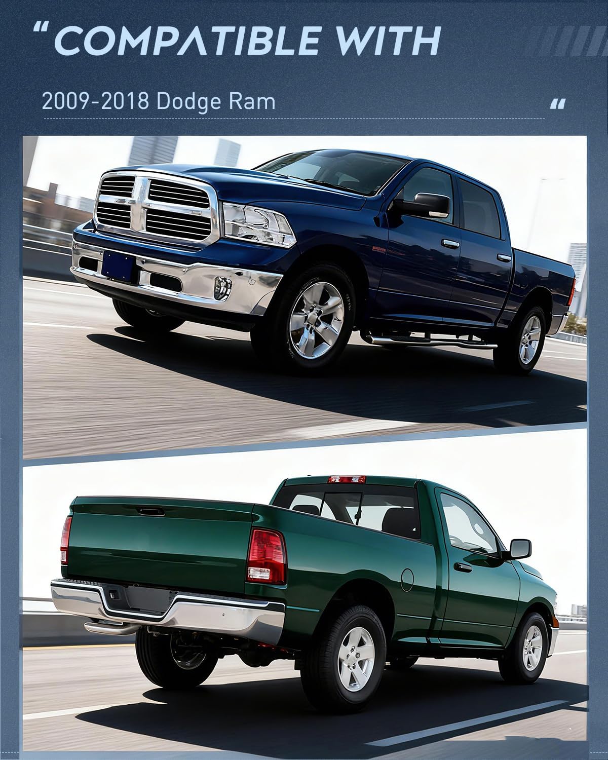 Nilight Headlight and Taillight Assembly Combo Compatible with 2009 2010 2011 2012 2013 2014 2015 2016 2017 2018 Dodge Ram for Quad Models Chrome Housing Clear Reflector with Red Housing Tail Light
