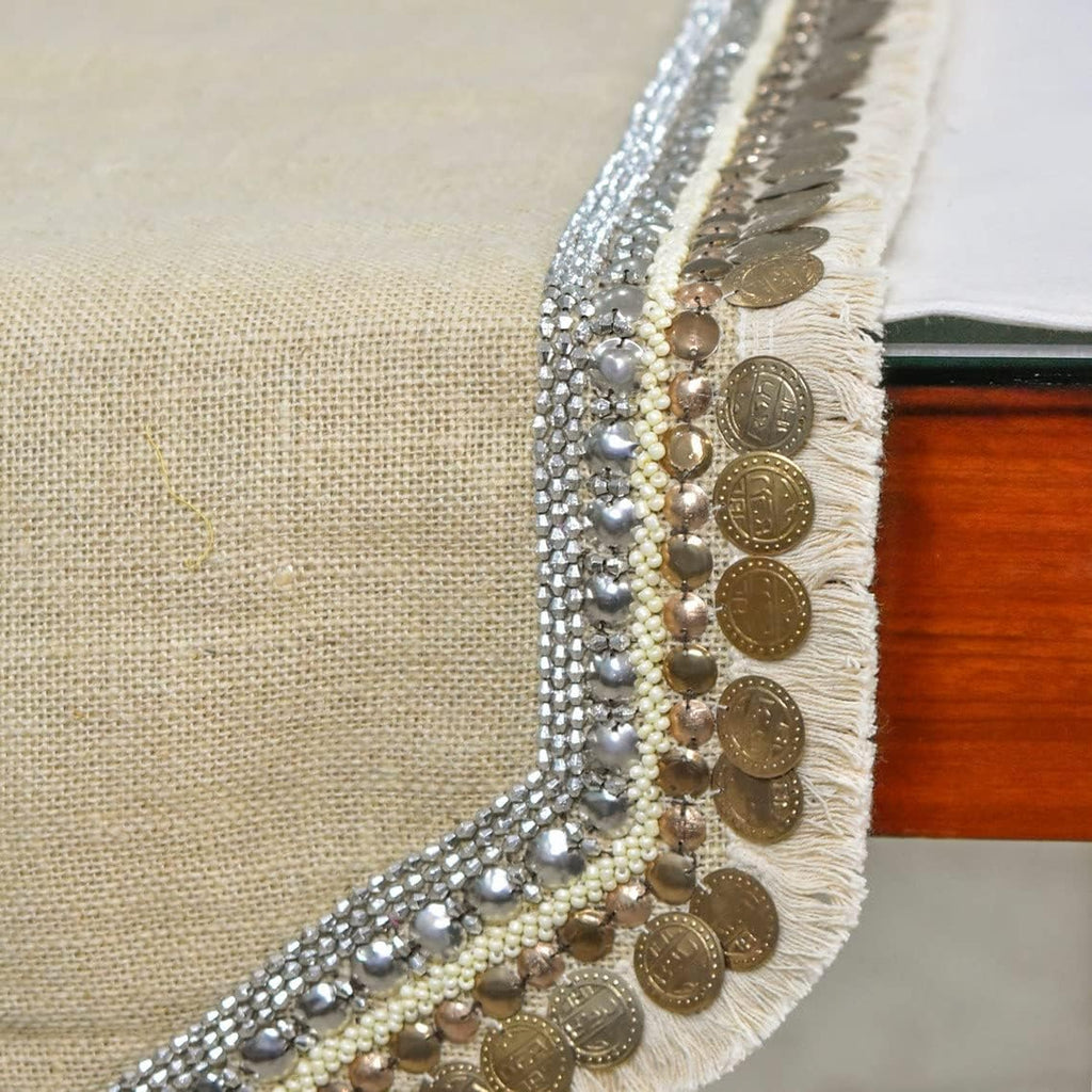 The HomeCentric Decorative Beige 6-8 Seater Table Runner (16 x 90 inch), Lace, Bead, Sequins, Burlap, Embroidered & Moroccan, Burlap Fabric Table Linen, Bordered Pattern Contemporary Style - Marima