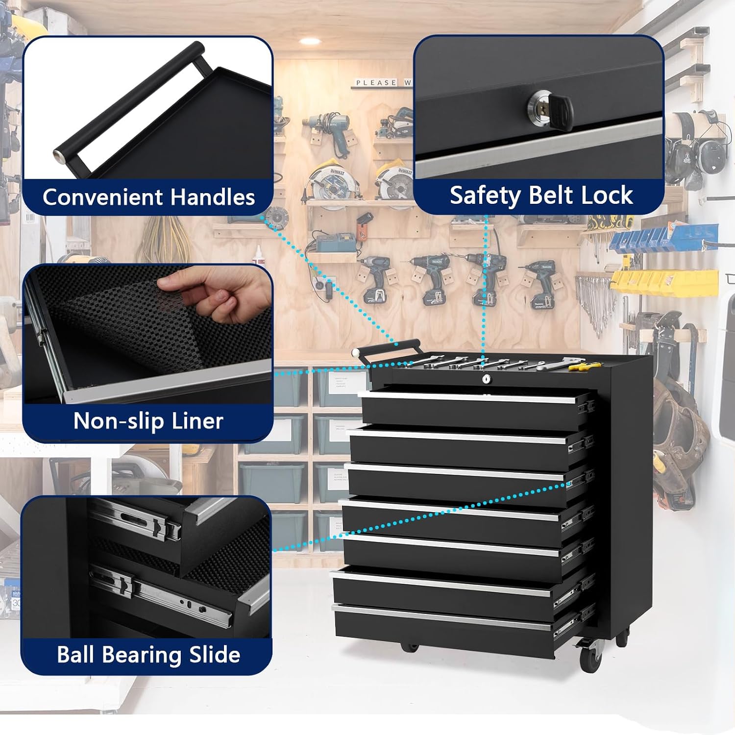 7-Drawer Tool Box with Wheels, 24 inch Rolling Tool Chest and Organizer for Garage & Workshop, Includes Detachable Top, Lockable Wheels and Sliding Drawers, Essential Tool Chest Cabinet Organizer