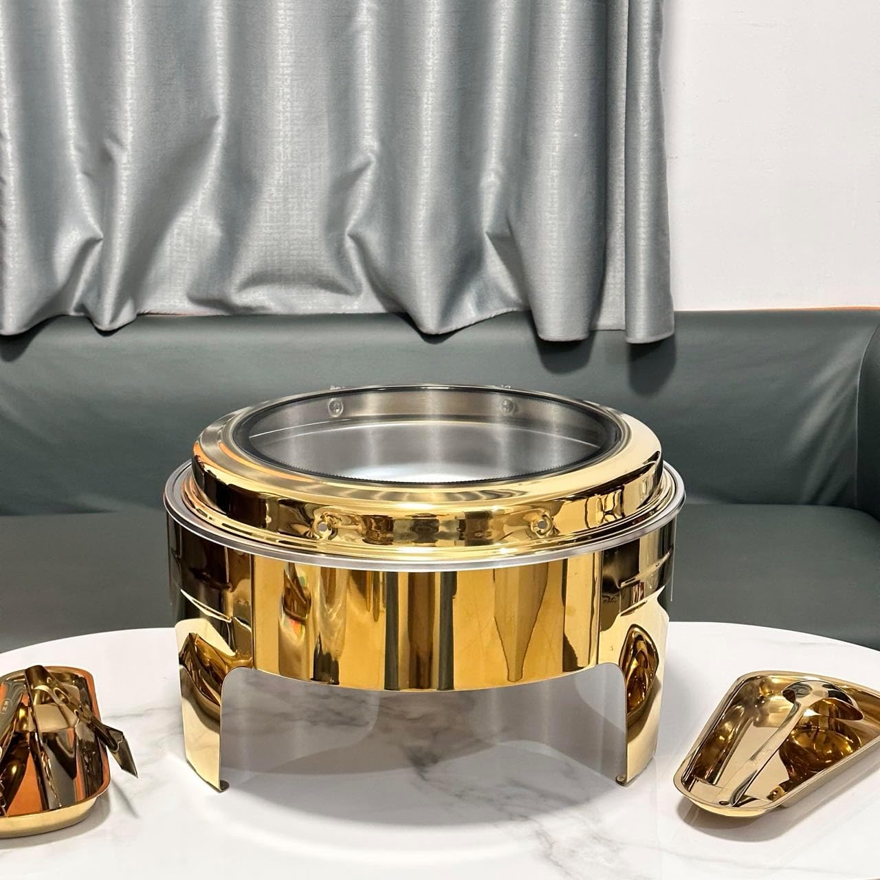 1Pack 6.8 Qt Golden Chafing Dish Buffet Set with Big Visible Window, Round Stainless Steel Buffet Servers and Warmers for Catering, Parties, Hotels and Weddings