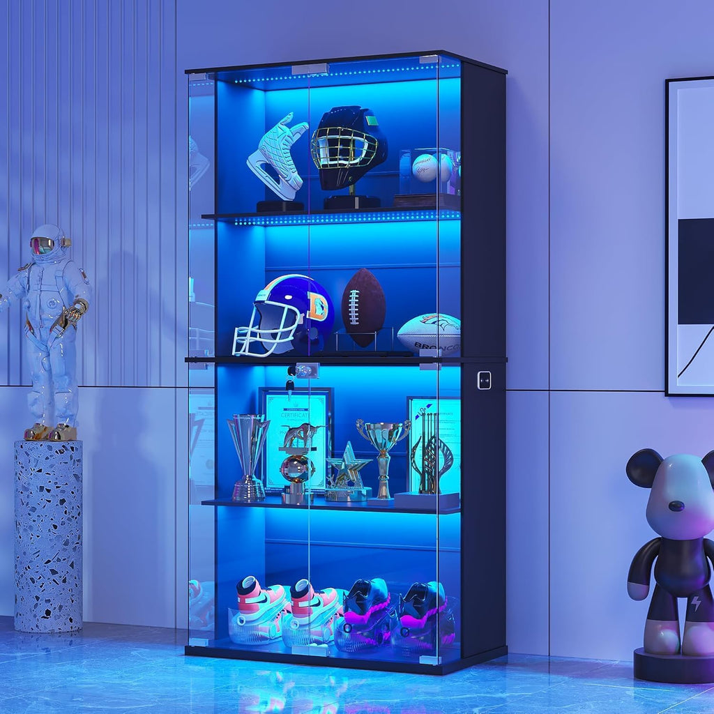 HNEBC Black Display Cabinet with Glass Door,Lighted 4-Tier Curio Cabinet with3 Color Lights for Collectibles Bookcases,66' Display Case with Human Body Sensor for Living Room/Game Room