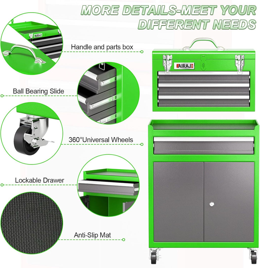 Tool Chest 4 Drawer,Large Rolling Tool Chest with Wheels,Detachable Top Tool Box,Metal Rolling Tool Box with Wheels for Garage Workshop,Green