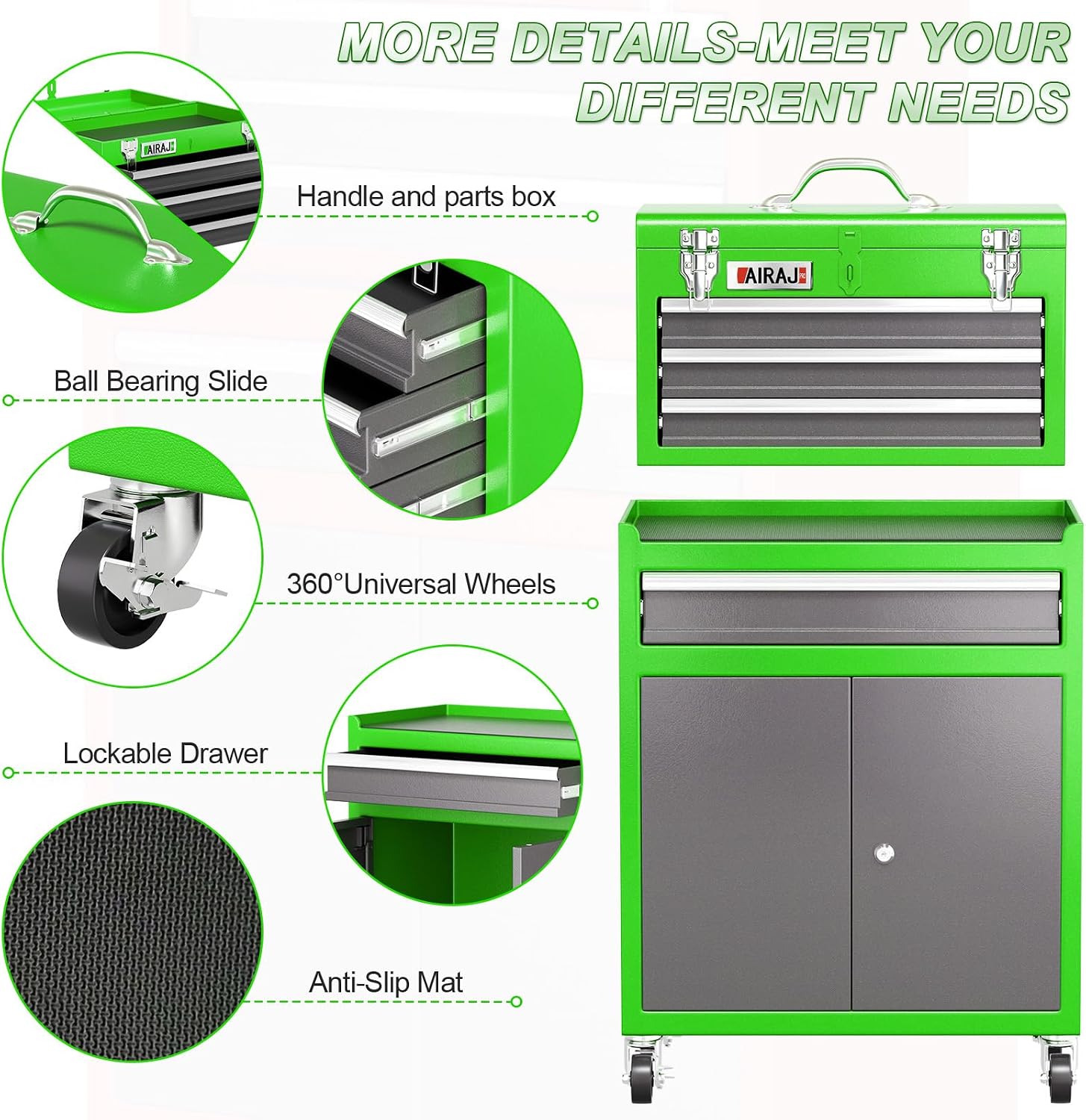 Tool Chest 4 Drawer,Large Rolling Tool Chest with Wheels,Detachable Top Tool Box,Metal Rolling Tool Box with Wheels for Garage Workshop,Green