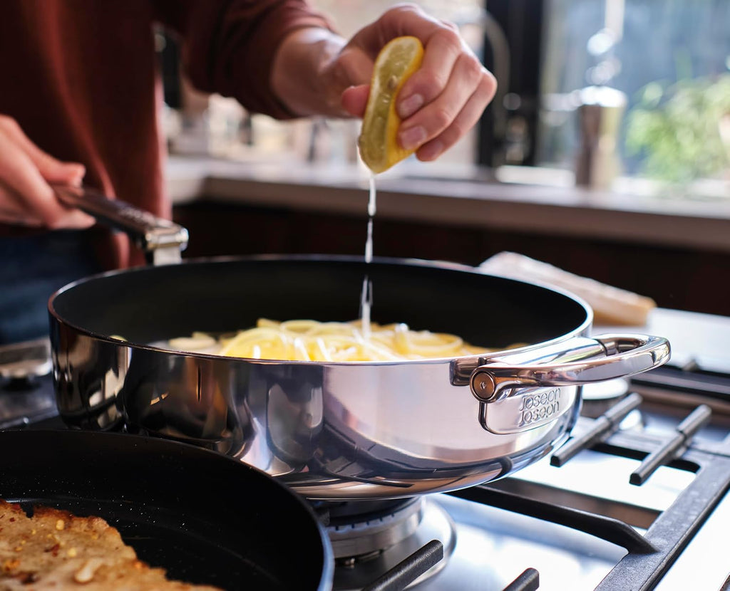 Joseph Joseph Space Steel 2-Piece Nonstick Stainless-Steel Frying Pan Skillet Set, Nesting with Folding Handles, Induction & Oven Safe